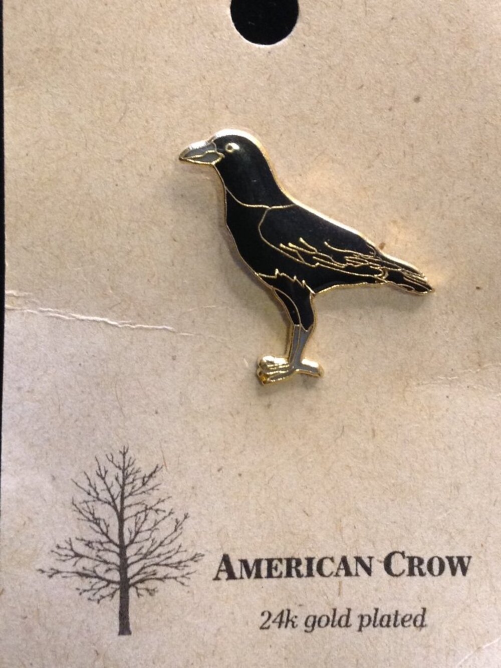 American Crow Lapel Pin by Natures Charms 24K gold Plated Edgar Allan Poe Raven